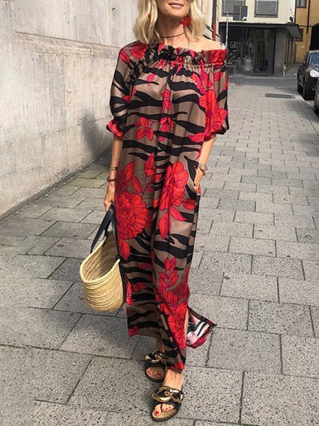 

Vacation Floral Half sleeve Woven Dress, Red, Maxi Dresses