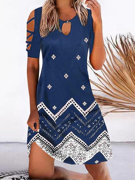 

Crew Neck Casual Loosen Short Sleeve Knit Dress, Flower, Mini Dresses