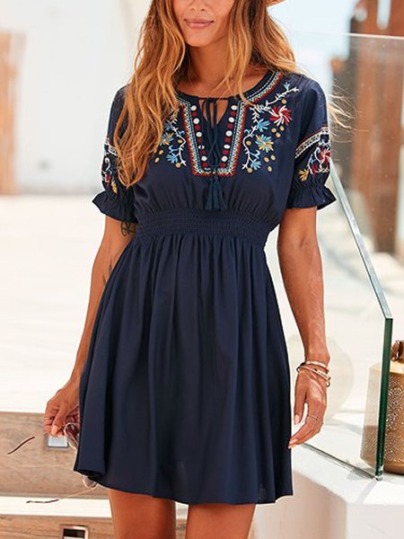 

Loosen Short Sleeve Woven Dress, Black, Mini Dresses