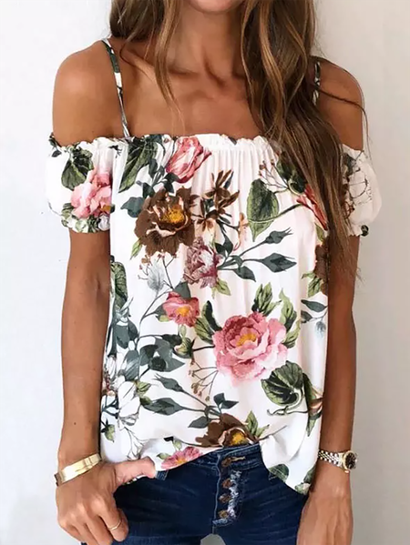 

Vacation Casual Floral Ruffled Off Shoulder Spaghetti Strap Blouse, White, Shirts & Blouses