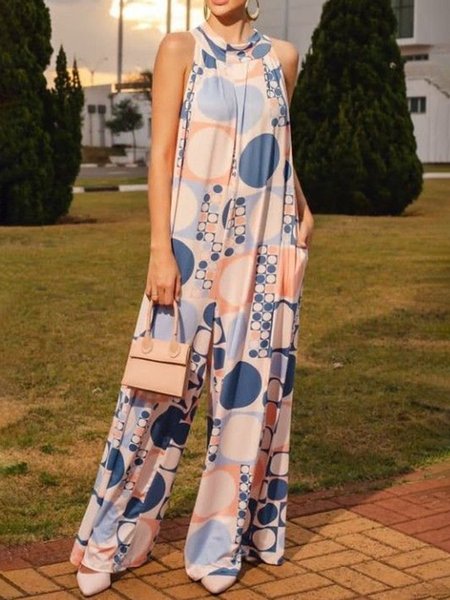 

Geometric Vacation Loosen Daily Jumpsuit & Romper, Blue, Jumpsuits