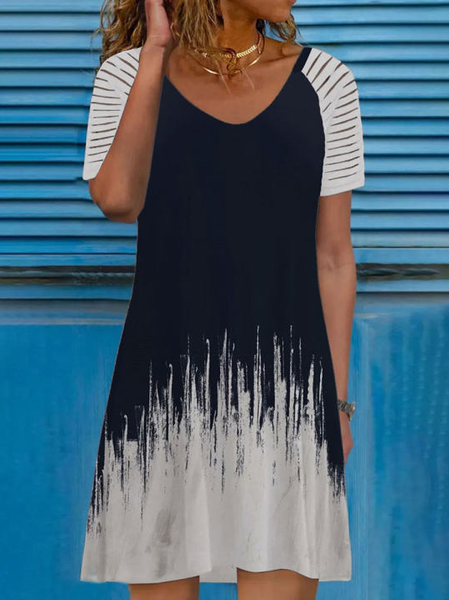 

V Neck Ombre Raglan Sleeve Short Sleeve Knit Dress, Black, Dresses