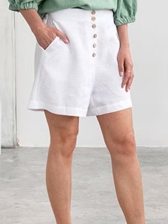 

Button Loosen Casual Linen Shorts, White, Shorts