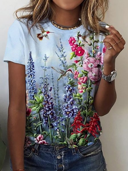 

Floral Bird Round Neck Casual Short Sleeve Loosen T-Shirt, As picture, T-Shirts