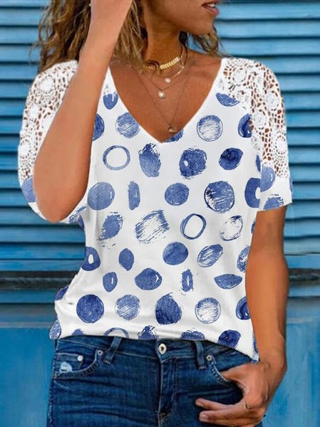 

Polka Dots Casual Lace Short Sleeve Tops, Blue, Tops