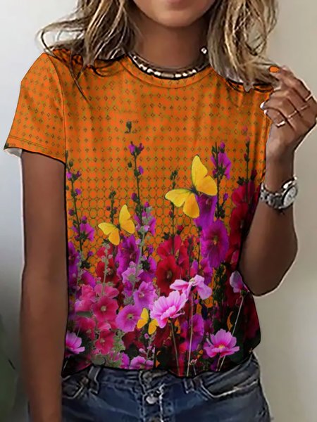

Casual Simple Floral Print Crew Neck T-Shirt, As picture, T-shirts