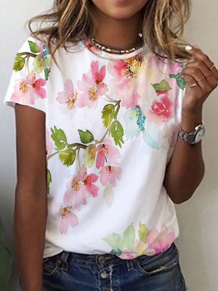 

Floral Round Neck Casual Loosen Short Sleeve T-Shirt, White, T-Shirts