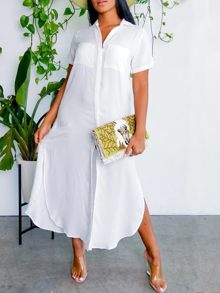 

Shirt Collar Casual Short Sleeve Simple Dress, White, Maxi Dresses