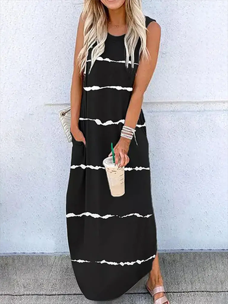 

Striped Crew Neck Casual Sleeveless Knitting Dresses, Black, Maxi Dresses