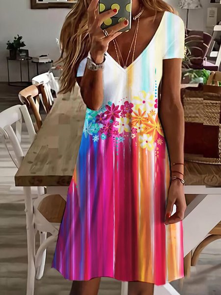 

V-Neck Dress with Colorful Floral Oil Painting, Multicolor, Dresses