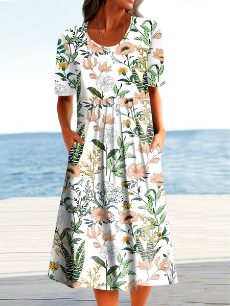 

Plus size Floral Casual Short Sleeve Dress, White, Midi Dresses