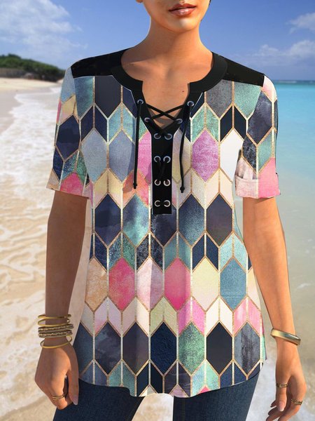 

Colorful Geometric Short Sleeve Casual Top, Multicolor, Shirts & Blouses