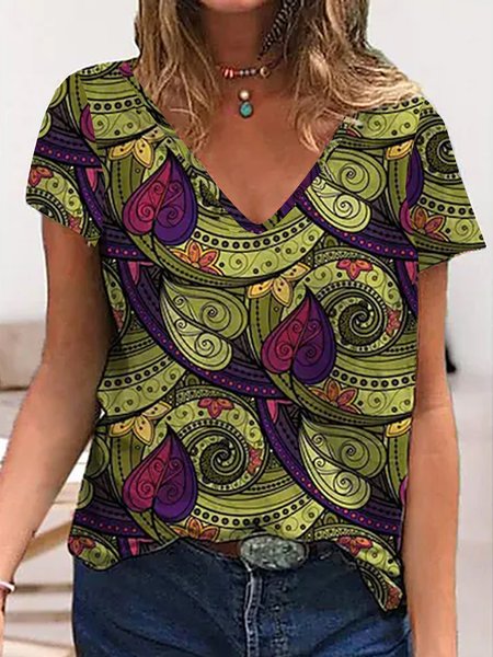 

Tribal V Neck Casual Short Sleeve T-Shirt, Yellow, T-Shirts