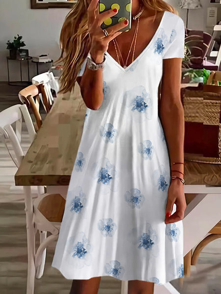 Floral V Neck Casual Vacation Short Sleeve Knit Dress, White, Dresses