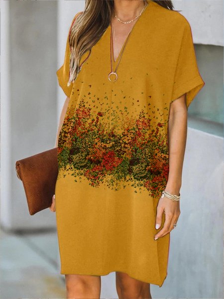 

Floral Printed Holiday Casual V-neck Mini Dress, Yellow, Dresses
