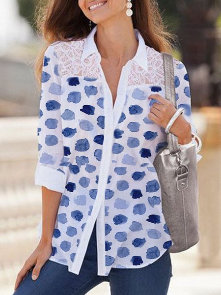 

Loosen Shirt Collar Geometric Long Sleeve Blouse, Blue, Blouses & Shirts