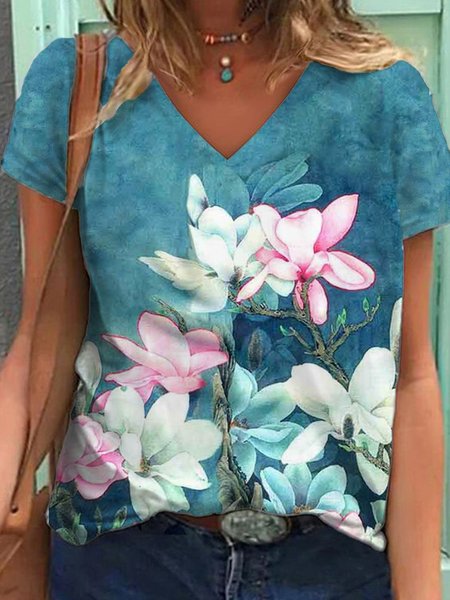 

Floral Printed Short Sleeve T-Shirt, Blue, Tops