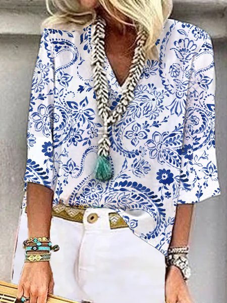 

Ink Paisley folk pattern loose Pullover Top, Multicolor, Tops