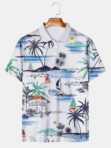 

Resort Style Hawaiian Series Plant Coconut Tree Elements Lapel Short-Sleeved Polo Print Top, Blue, Men's t-shirts