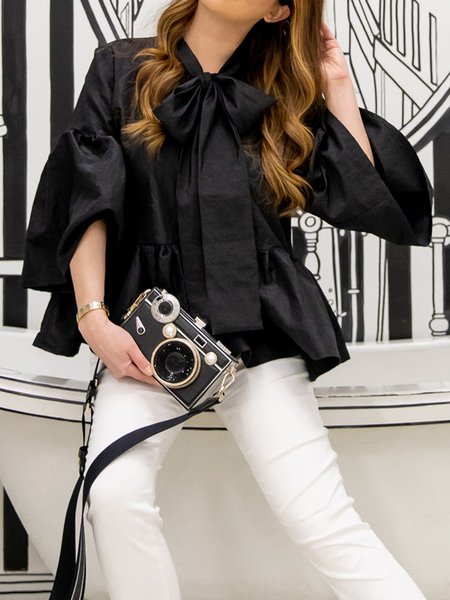 

Regular Fit Tie Neck Elegant Mid Sleeve Blouse, Black, Blouses and Shirts