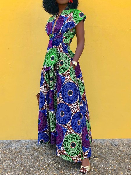 

Vacation Cap Sleeve Polka Dots Regular Fit Midi Dress, Multicolor, Maxi Dresses
