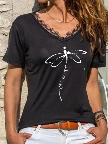 

Faith Dragonfly Print Lace Short Sleeve Top, Black, Tees & T-shirts