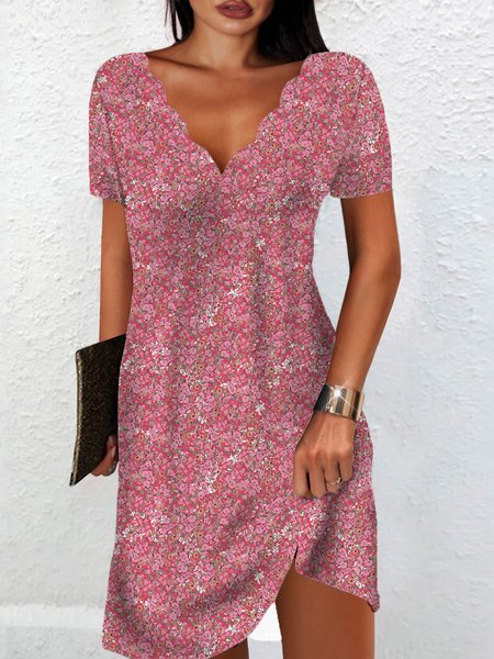 

Casual V neck Floral Short Sleeve Knit Dress, Rose red, Mini Dresses