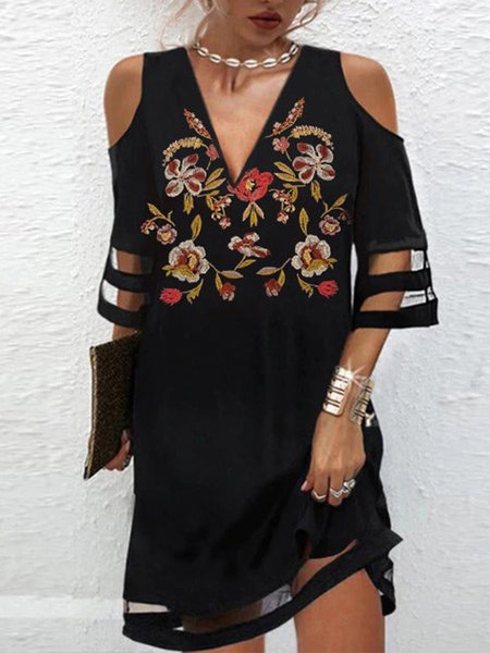 

V Neck Floral Regular Fit Short Sleeve Knit Dress, Black, Mini Dresses