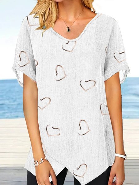 

Geometric love silver ironing fabric a-hem loose linen top tunic Plus Size, White, Shirts & Blouses