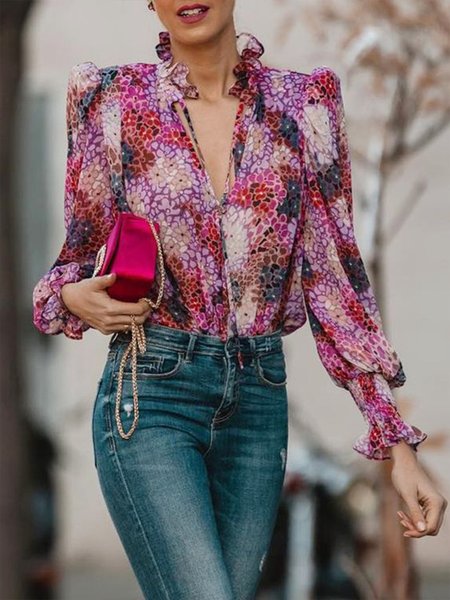 

Daily Regular Fit Floral Elegant Long Sleeve Top, Rose red, Tops