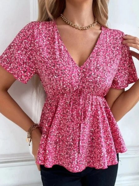 Casual Floral Short Sleeve V Neck Plus Size Printed Tops, Rose red, Tops