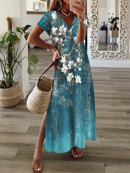 

Floral Printed Short Sleeve Knit Dress, As picture, Maxi Dresses