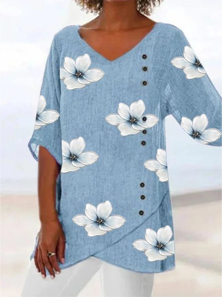

Casual Floral Loosen V Neck Three Quarter Tops, Blue, Tops