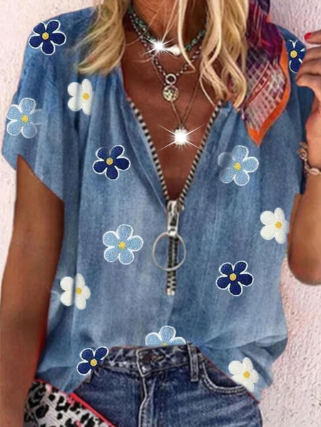 Printed Floral V-Neck Short Sleeve Casual Shirt, Blue, Blouses & Shirts