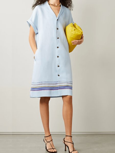 

Summer A-line Lightweight Vacation Flat Collar Short Sleeve Woven Dress, Blue, Midi Dresses