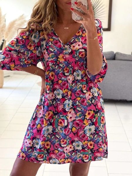 

Floral V Neck Boho Three Quarter Loosen A-line Dress, Flower, Mini Dresses