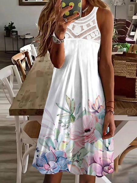 

Paneled Floral Casual Knit Sleeveless Dress, Multicolor, Dresses