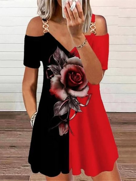 Buy Color Block Floral Off The Shoulder Casual Metal Short Sleeve A-line Dress, Mini Dresses, Zolucky, Black-red