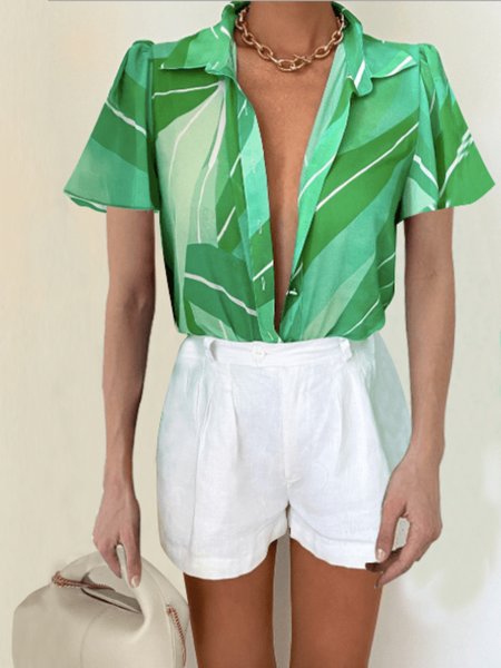 

Summer Lightweight Loosen Tropical Short Sleeve Daily Blouse, Green, Blouses and Shirts