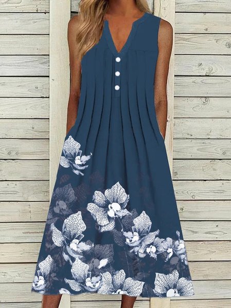 

Floral V Neck Sleeveless Woven Dresses, Blue, Dresses