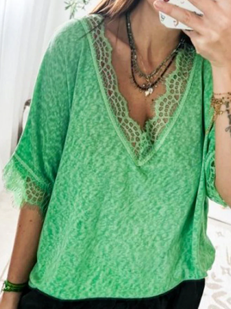 

Casual Solid V Neck Short Sleeve T-Shirt, Green, T-Shirts