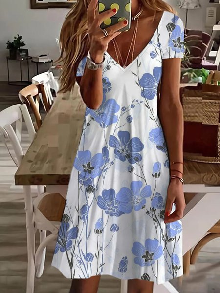 

Floral Print Summer New Bestseller Ladies Knit Short Sleeve Dress, Multicolor, Dresses