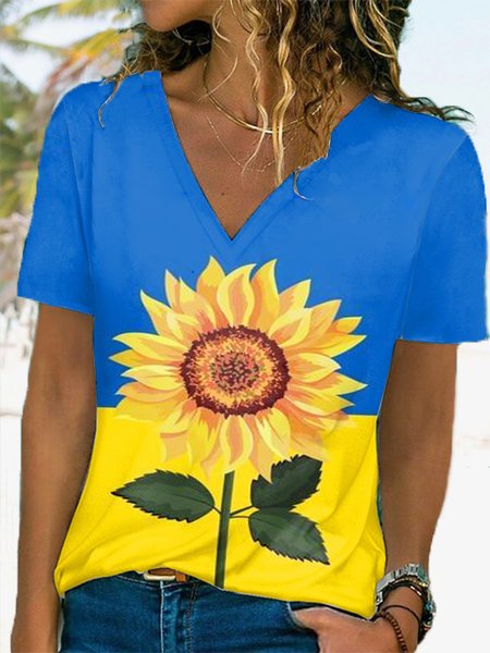

V Neck Vacation Sunflower Short Sleeve T-Shirt, Multicolor, T-Shirts