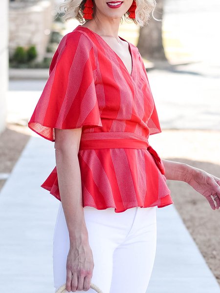 

Cross Front Regular Fit Simple Short Sleeve Top, Red, Tops