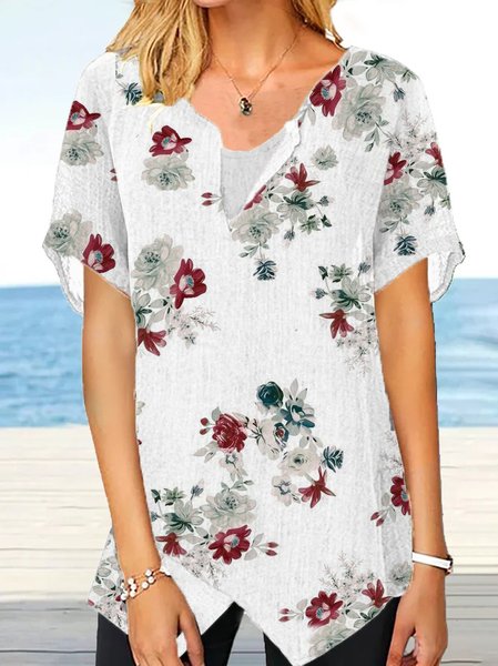 

V Neck Casual Floral Short Sleeve Tops, Multicolor, Tops