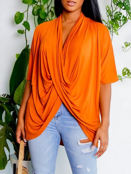 

Daily Solid V Neck Cross Short Sleeve Top, Orange, Tops