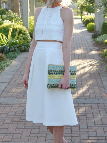 Crew Neck Simple Regular Fit Two Piece Sets, White, Dress&Skirts Set