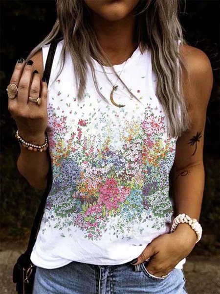 

Casual Crew Neck Floral Loosen Knit, White, Tank Top
