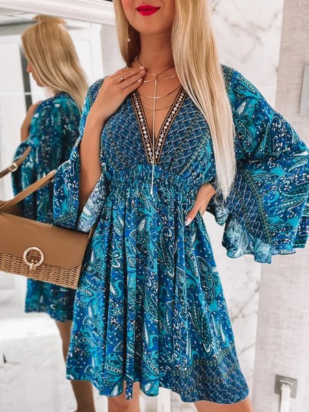 

Casual V Neck Plus Size Printed Dress, Blue, Mini Dresses