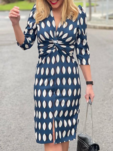 

Elegant Half Sleeve V Neck Printed Dress, Navy blue, Midi Dresses